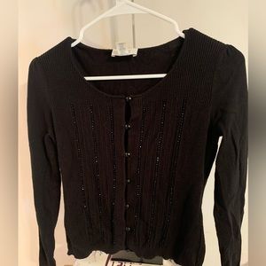Ann Taylor LOFT Womens Black Beaded Sparkly Button Front Cardigan Size XSmall